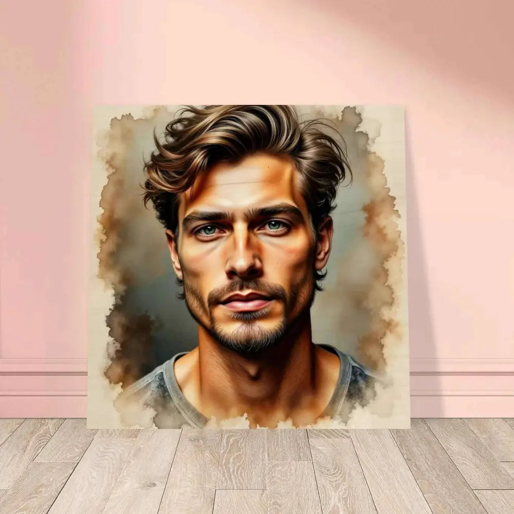 Watercolor-style portrait of a man with brown wavy hair and beard on Wood Print Stormworn Resolve with grain and pigment bleed