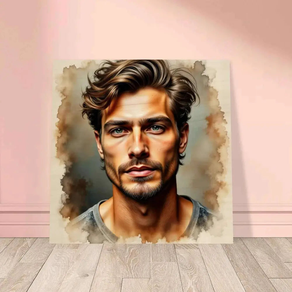 Watercolor-style portrait on Wood Print Stormworn Resolve with grain texture and pigment bleed