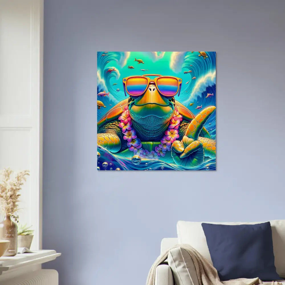Colorful turtle art print on Wood Print – Turtle-y Misunderstood Bro by PixiOnyx