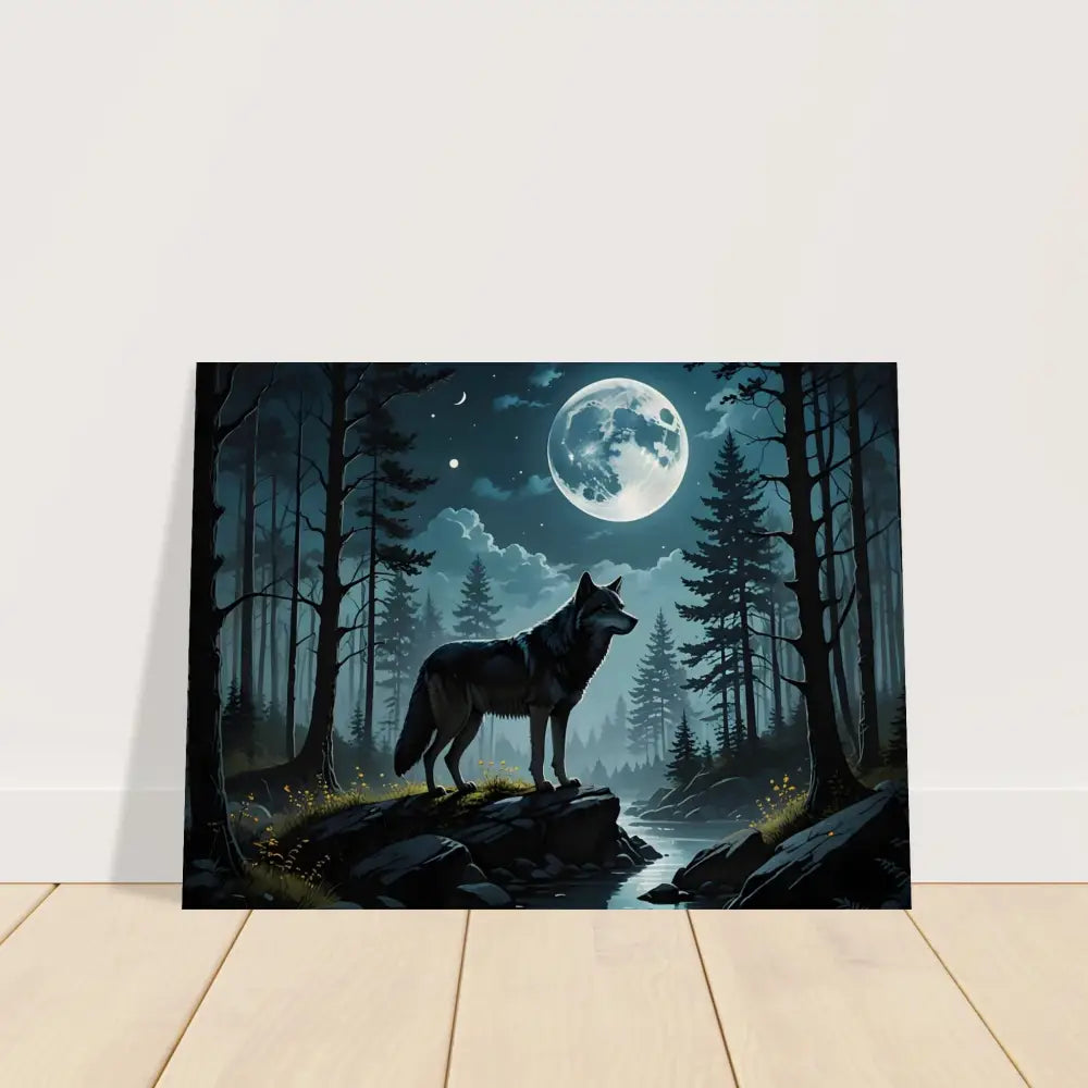Wolf Moon forest artwork on wood print from PixiOnyx Lunar Dreamscape collection