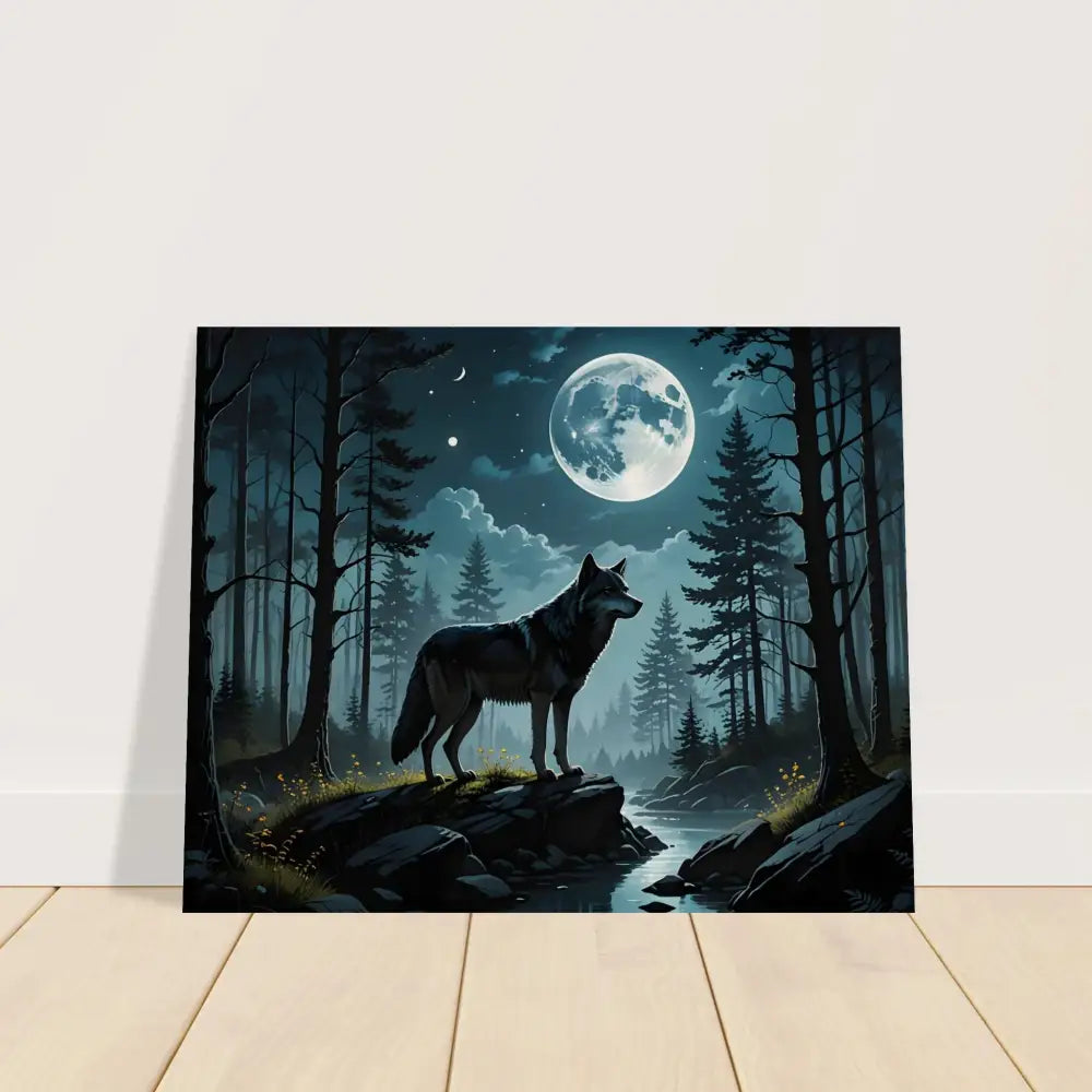 Wolf in moonlit forest artwork on wood print titled Wolf Moon Reverie by PixiOnyx