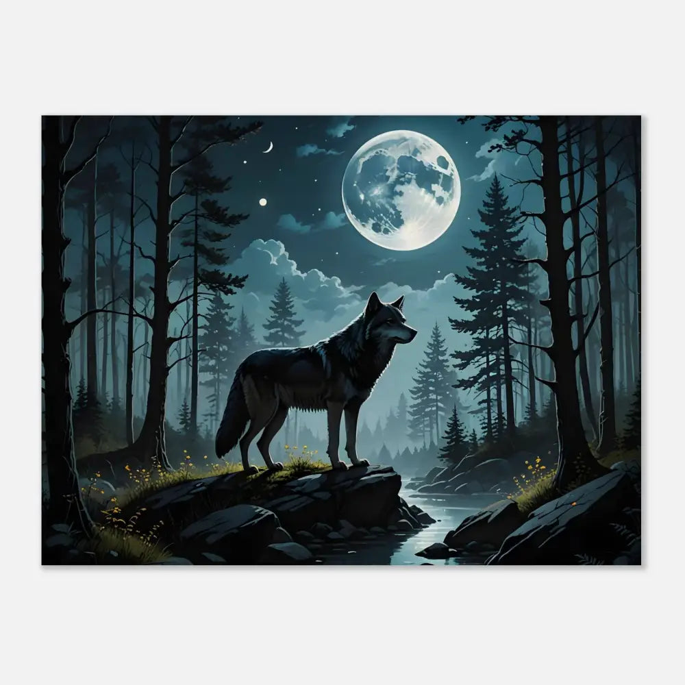 Wolf in moonlit forest wood print for lunar dreamscape decor by PixiOnyx