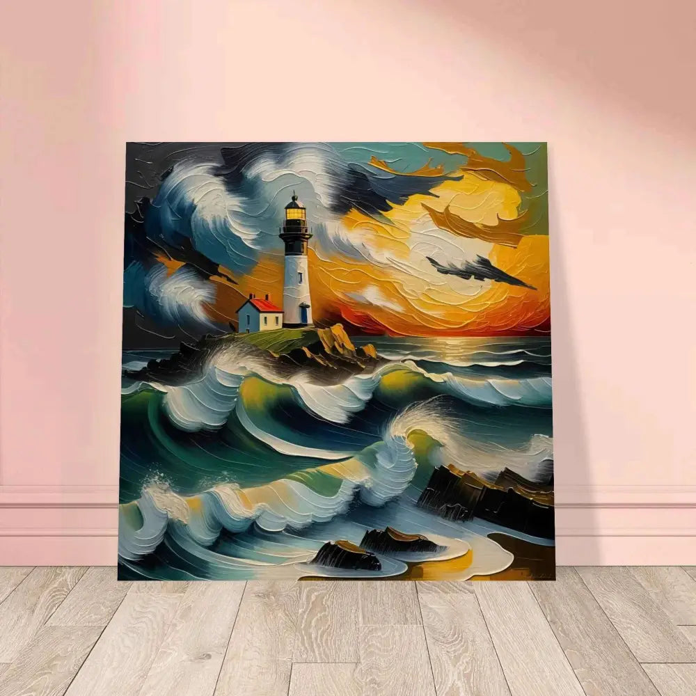Vibrant impasto lighthouse painting on wood grain with organic texture deepens nature meets artistry