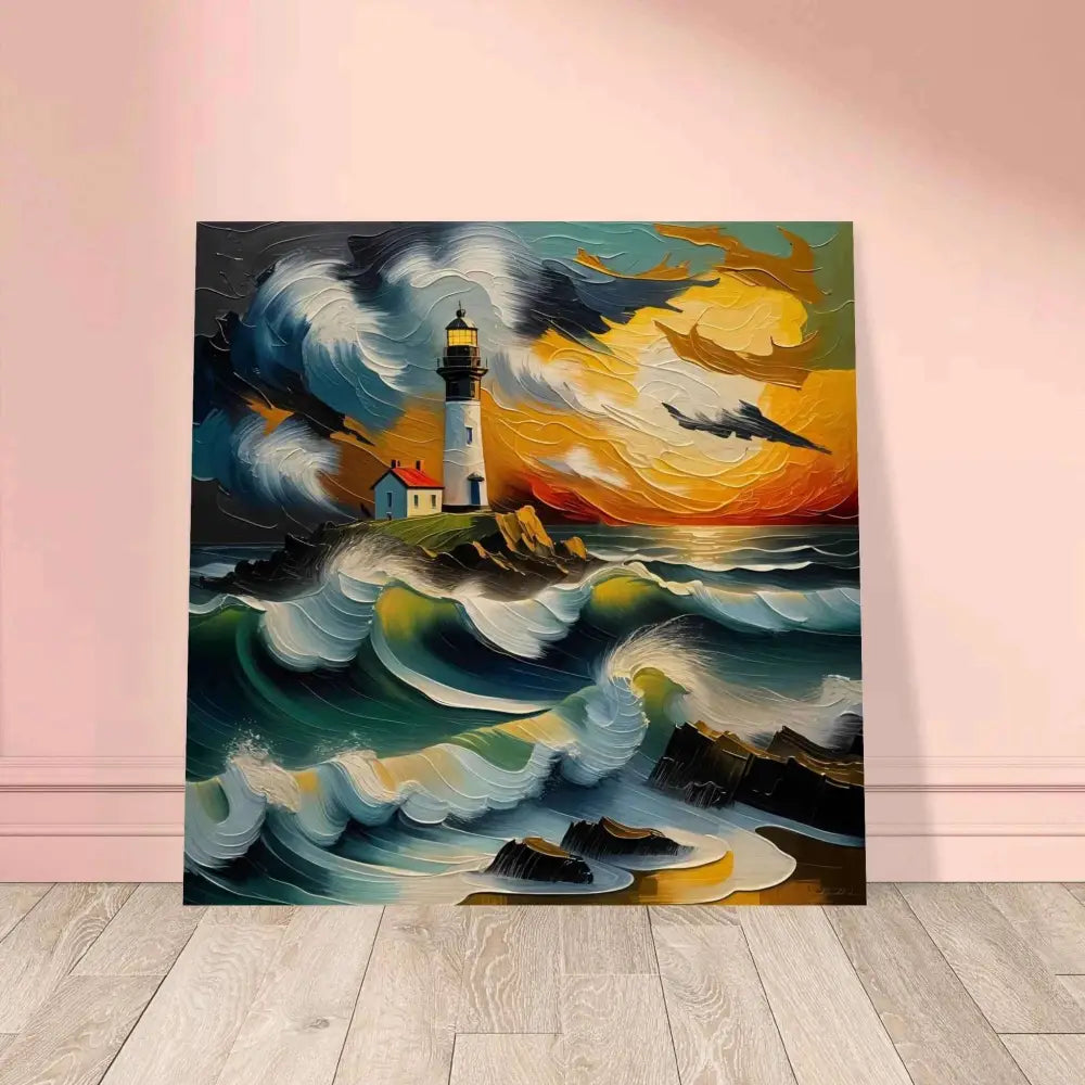 Vibrant stormy ocean scene on Wood Prints Beacon in the Swell with natural wood grain