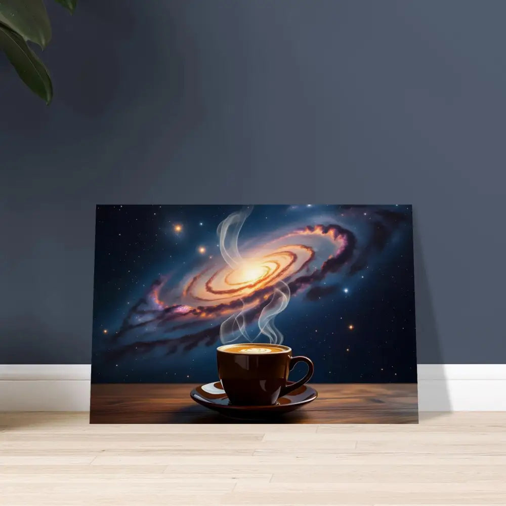 Coffee cup with galaxy backdrop on Wood Prints Cosmic Brew PixiOnyx Dreamscape Wood Series