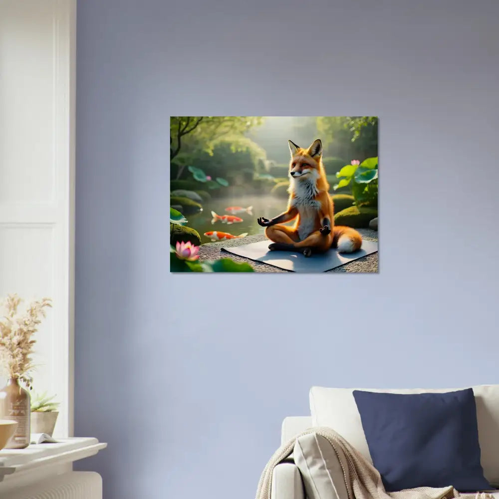 Fox meditating in serene pond scene on Wood Prints Foxasana PixiOnyx Organic Stillness Panel