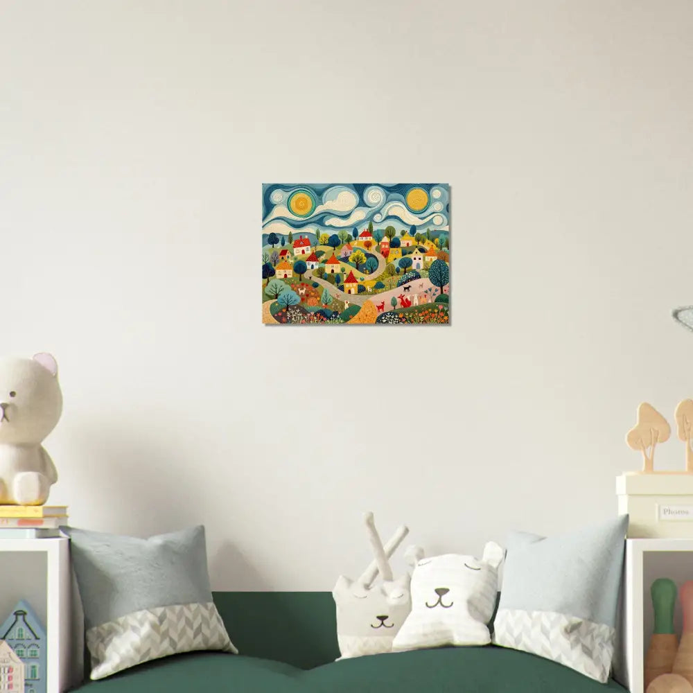 Colorful Village Painting on Wood Prints Hillside Harmony PixiOnyx Naturalgrain Edition