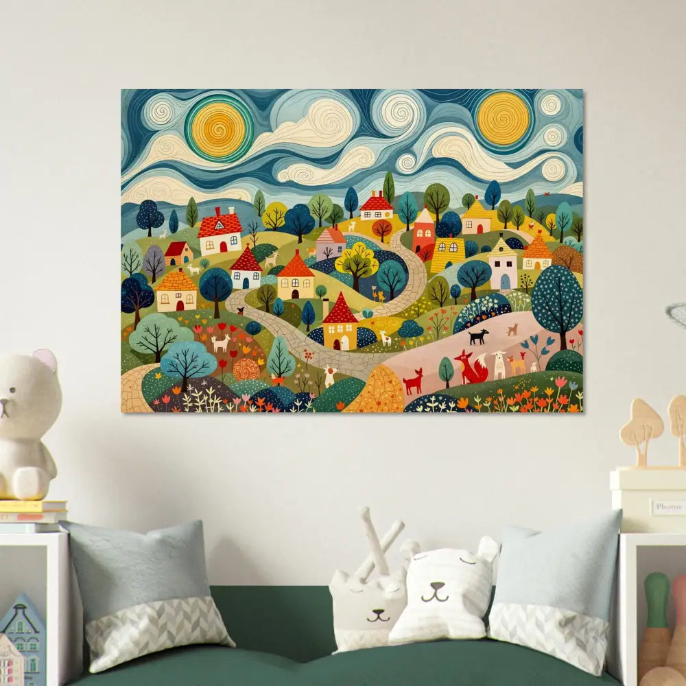 Colorful whimsical village painting on naturalgrain wood print in Hillside Harmony PixiOnyx edition