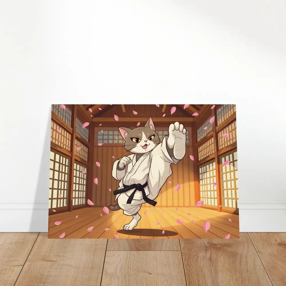 Karate Cat art print with Cherry Blossom Showdown design on wood wall decor
