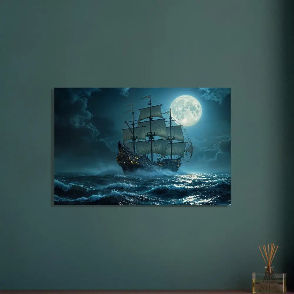 Moonlit sailing ship illustration on Wood Prints Moonlit Majesty PixiOnyx Naturalgrain Voyage Edition