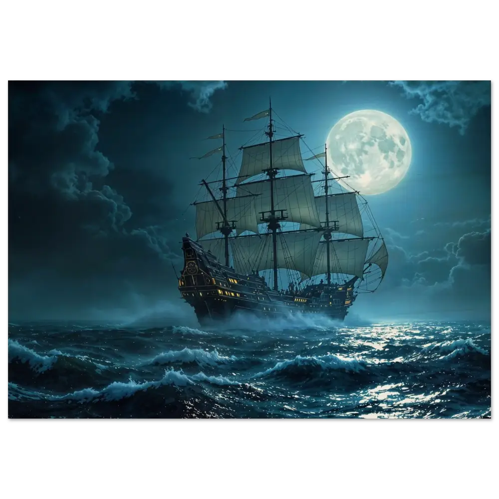 Moonlit sailing ship on calm waters for Wood Prints Moonlit Majesty PixiOnyx Naturalgrain Voyage Edition