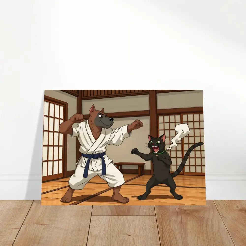 Cartoon dog and cat karate match on Wood Prints Paws of Fury Marvelous Martial Mayhem