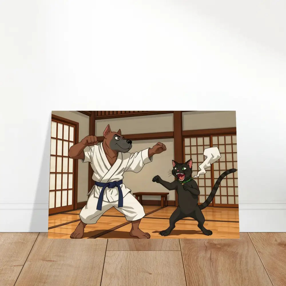 Cartoon karate dog and cat on Wood Prints Paws of Fury Ultimate Standoff PixiOnyx