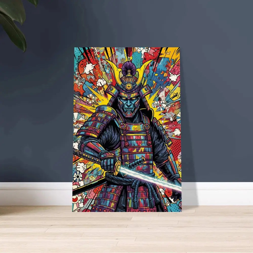 Vibrantly colored samurai splash artwork on wood blends raw canvas for PixiOnyx Timberline Series