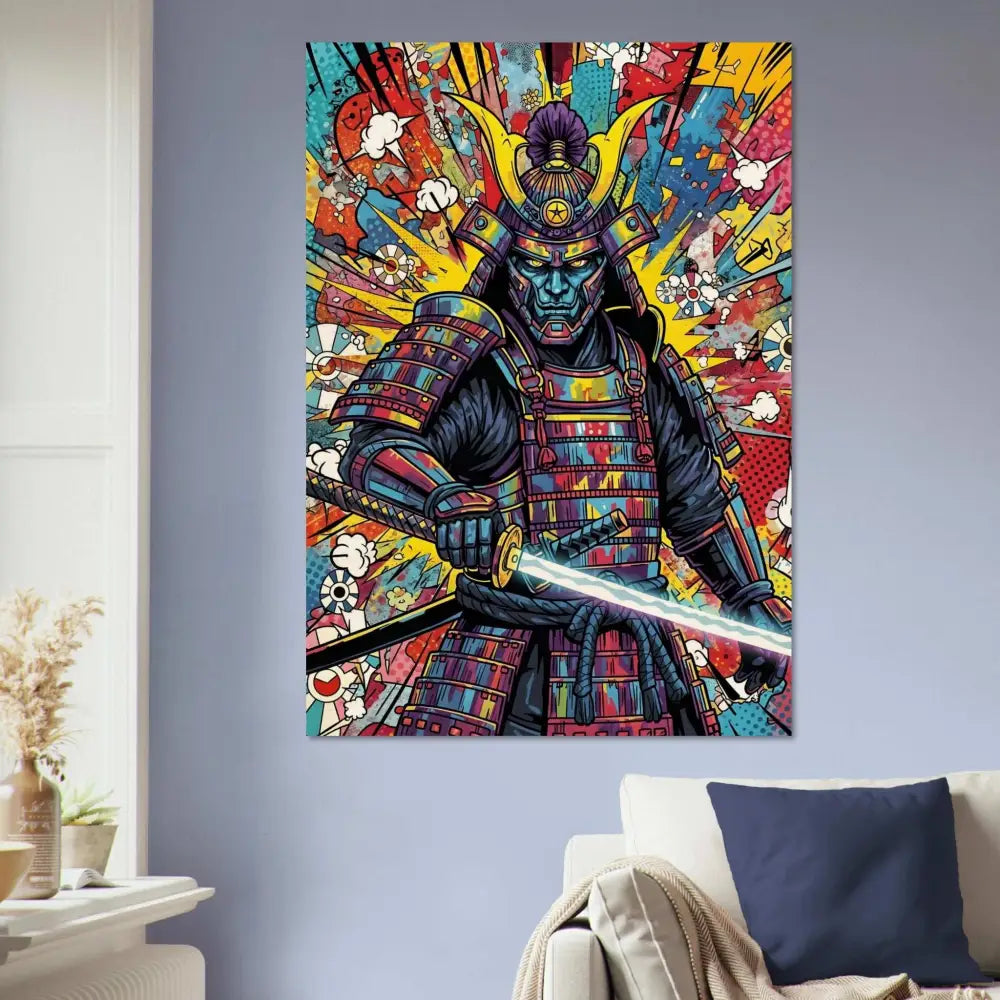 Colorful samurai splash artwork on wood prints with glowing sword in PixiOnyx Timberline Series