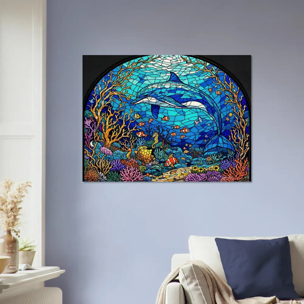 Stained-glass dolphin artwork on Wood Prints Sea Cathedral PixiOnyx Oceanlight Relic