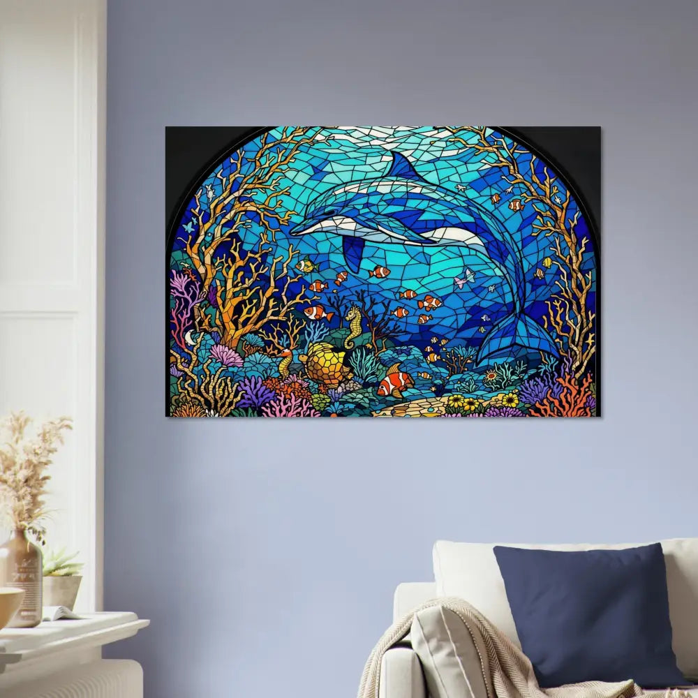 Dolphin stained glass artwork on Wood Prints Sea Cathedral PixiOnyx Oceanlight Relic