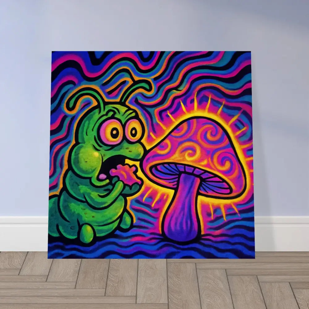 Psychedelic caterpillar and mushroom art on PixiOnyx Natural Absurdism Wood Print