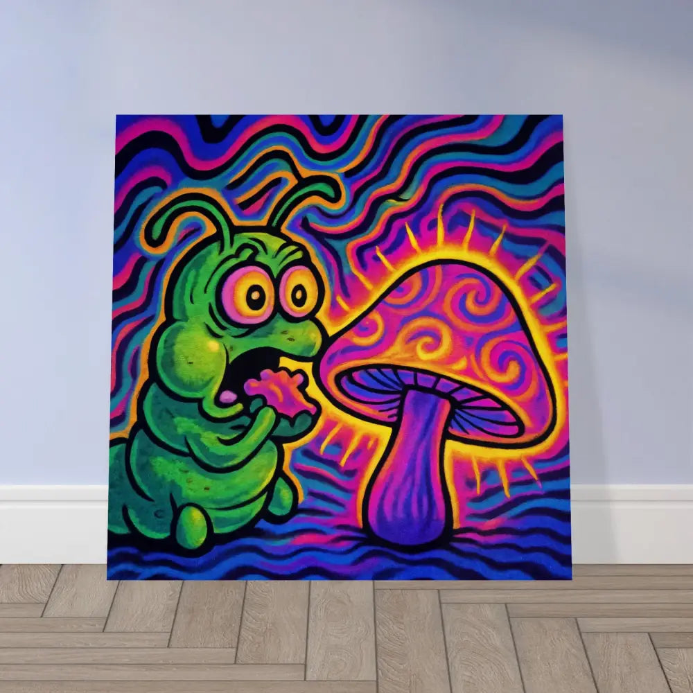 Psychedelic caterpillar and mushroom painting on Wood Print from Shroomapillar Snack Attack PixiOnyx