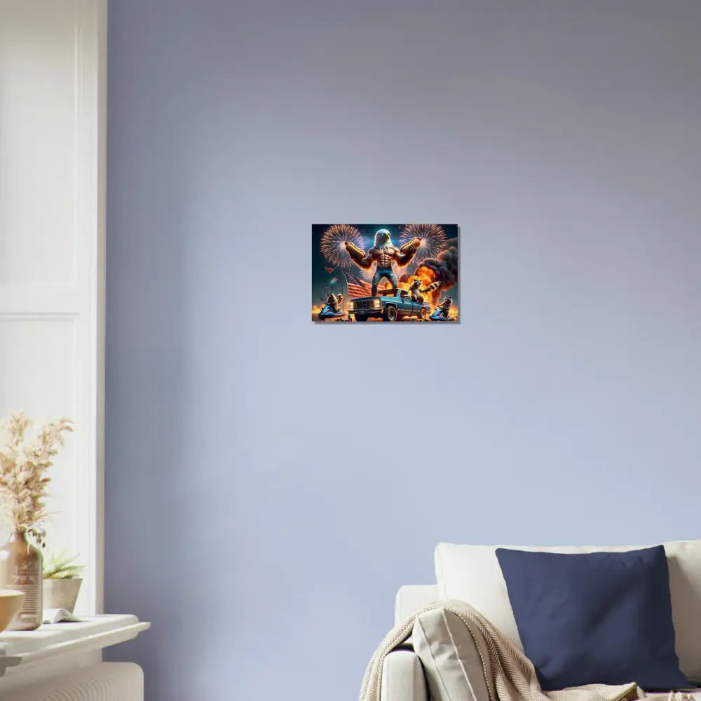 Patriotic superhero artwork on rustic wooden print showcasing Stars, Stripes, and Hot Dogs