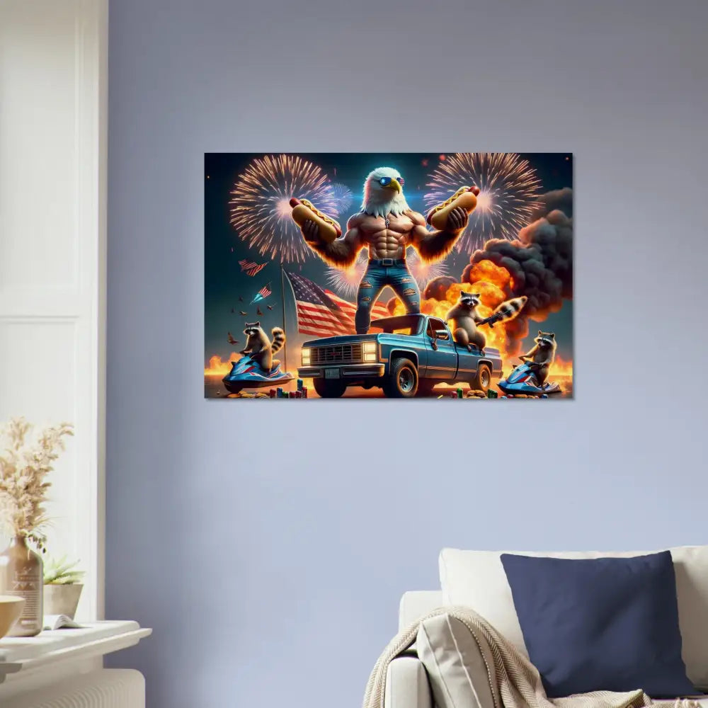 Patriotic eagle and Raccoon celebrating on rustic Americana wood print in PixiOnyx product