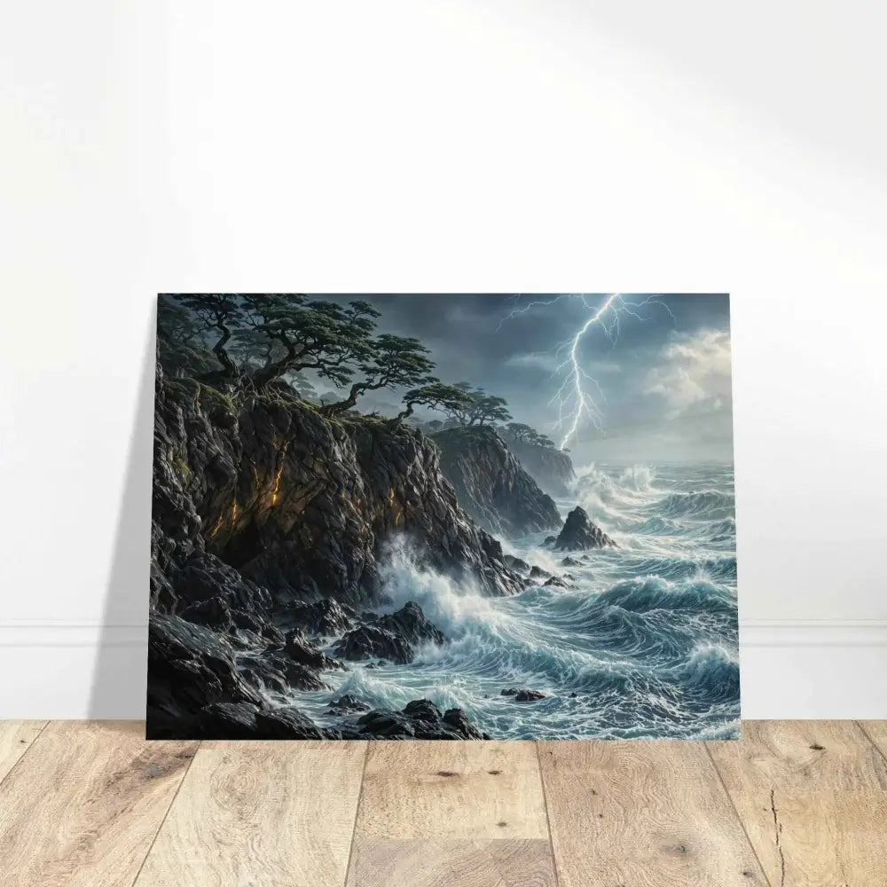 Wood prints offer a rustic feel with a dramatic coastal storm scene on Stormroot Cliffs