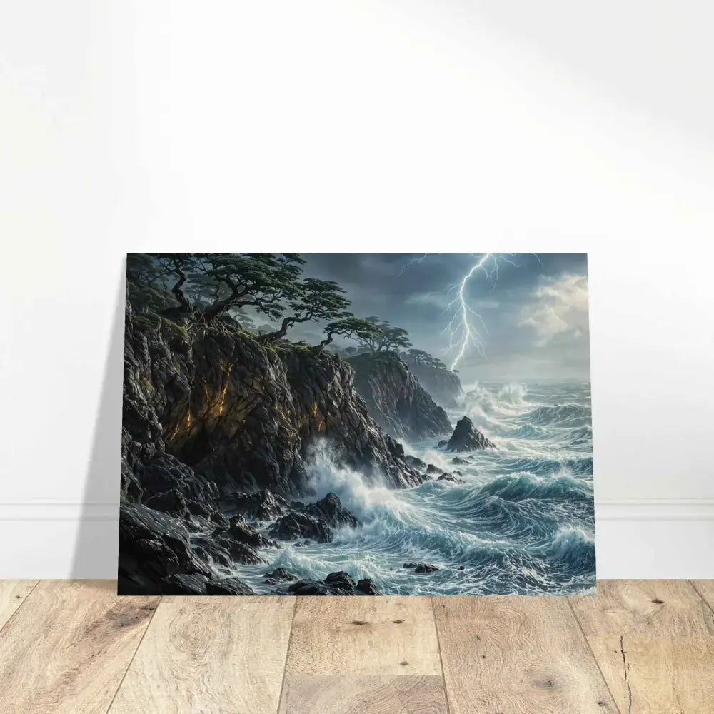 Wood prints offer a rustic feel with a stormy coastal landscape and crashing waves