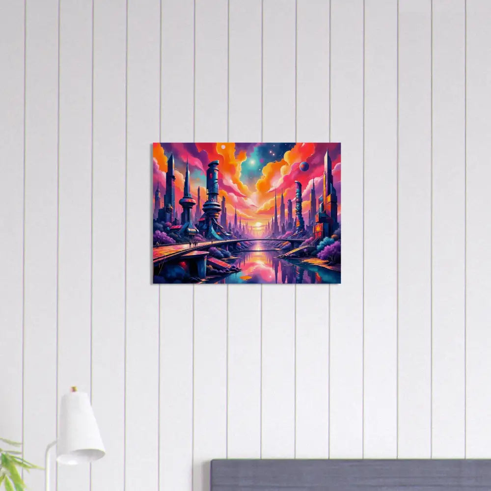 Futuristic city landscape wood print transforms beauty with vibrant sunset and towering structures