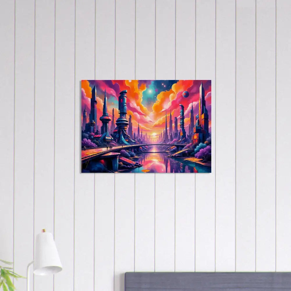 Vibrant futuristic cityscape wood print transforms futuristic beauty with sunset and river scene