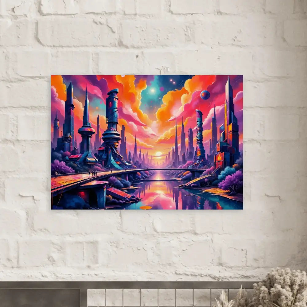 Futuristic cityscape wood print transforms beauty with vibrant colors and reflective river