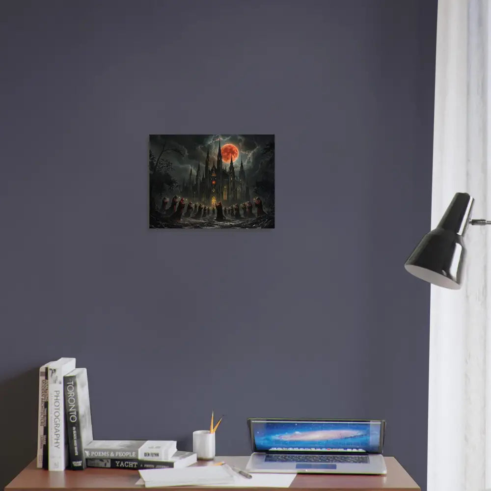 Gothic castle under a blood moon on Wood Prints The Crimson Liturgy PixiOnyx Sacred Grain Series