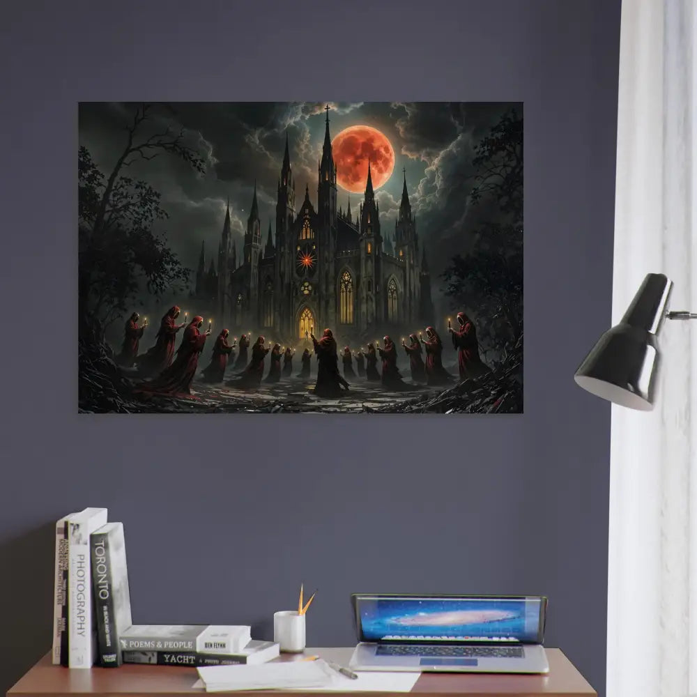 Gothic castle under blood moon with hooded figures displayed on Wood Prints The Crimson Liturgy