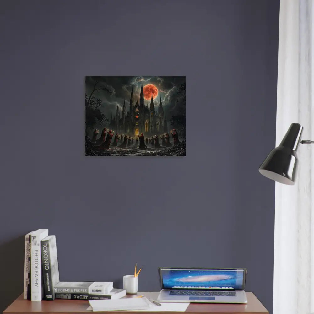 Gothic castle under a blood moon on Wood Prints The Crimson Liturgy PixiOnyx Sacred Grain Series