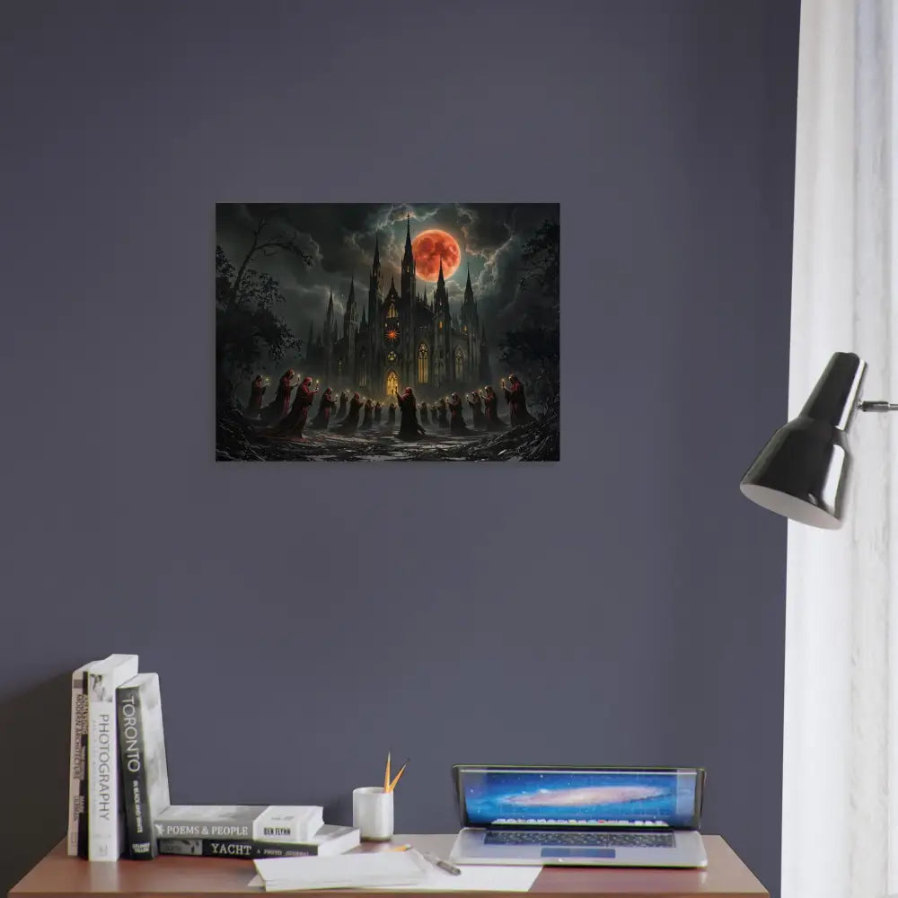 Gothic castle under a blood moon on Wood Prints The Crimson Liturgy PixiOnyx Sacred Grain Series
