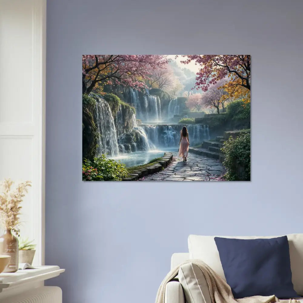 Waterfall landscape wall art on Wood Prints – The Waterfall Orchard PixiOnyx Naturalgrain Bloom Edition