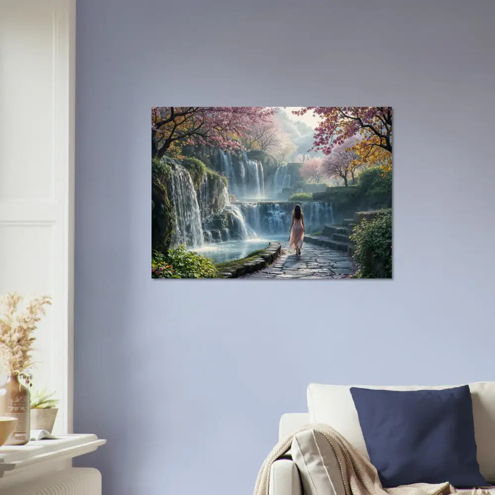 Waterfall landscape art displayed on Wood Prints The Waterfall Orchard PixiOnyx Bloom Edition