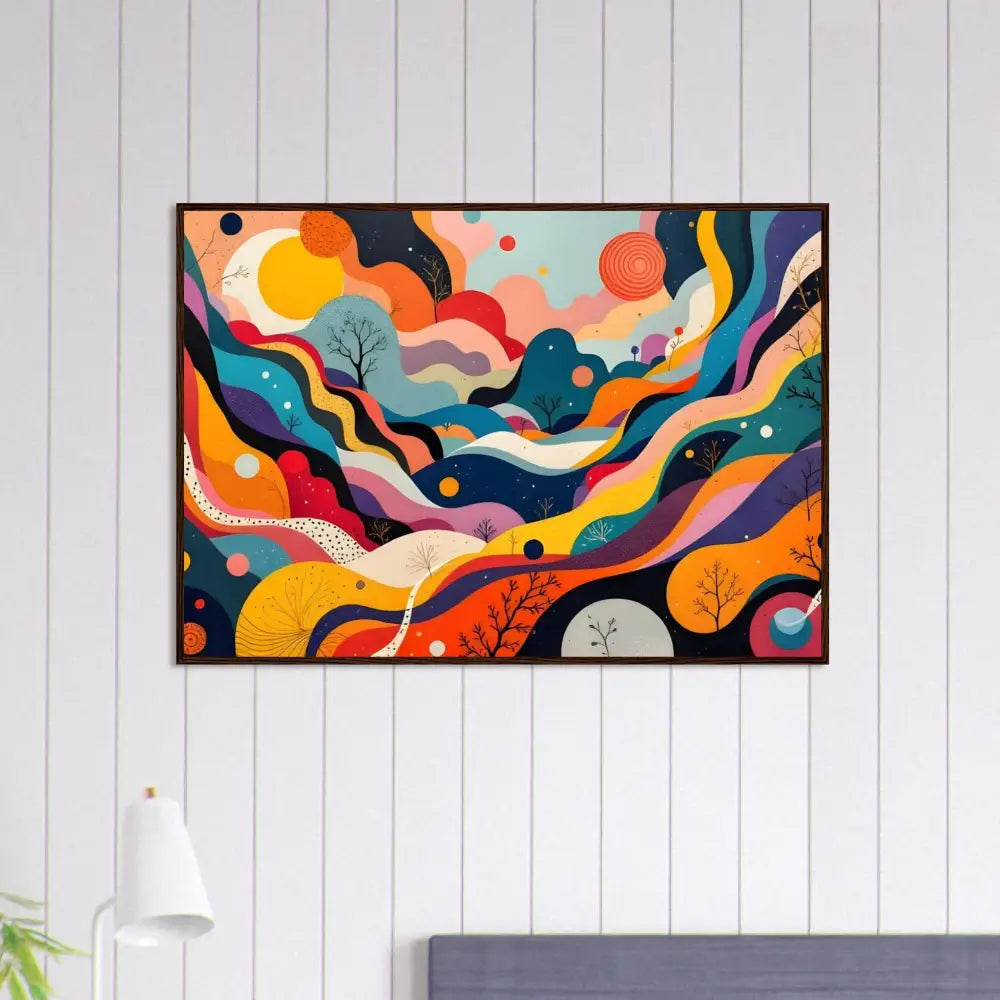 Colorful abstract landscape painting in wooden frame for Psychedelic Landscape Flowstate Wall Art