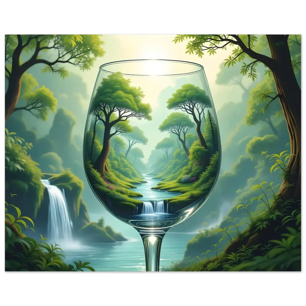 Wine glass with lush forest landscape in the World in a Glass Poster Surreal Forest PixarOnyx Fine Art Print