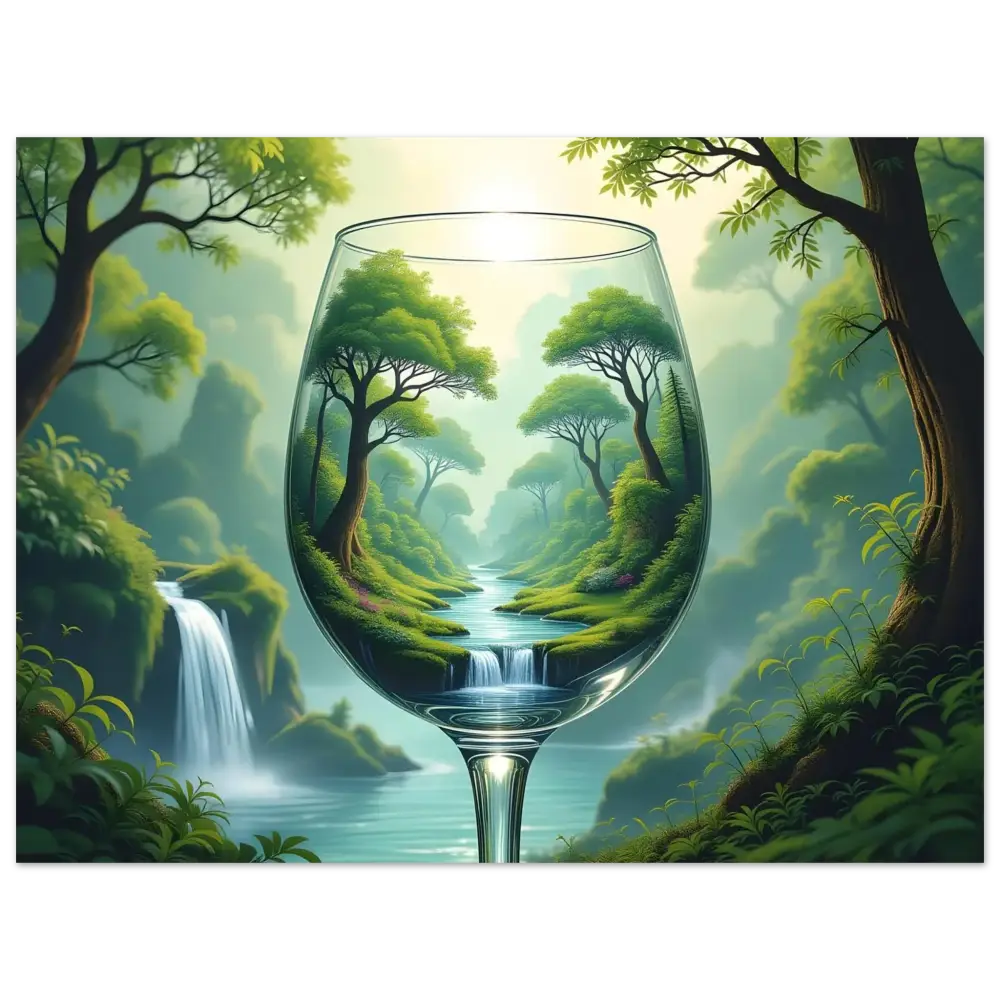 Wine glass with a lush Forest landscape on PixiOnyx Dreamcore Fine Art Print